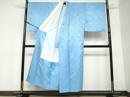 平和屋着物●男性　色紋付　長羽織セット　宝尽くし格子地紋　天色　キングサイズ　洗える着物　DABC2370ud