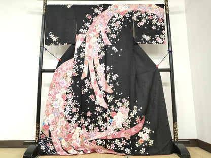 平和屋着物●訪問着　駒刺繍　熨斗草花文　黒地　金彩　正絹　逸品　DABC2376ud