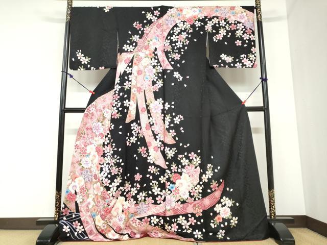 平和屋着物●訪問着　駒刺繍　熨斗草花文　黒地　金彩　正絹　逸品　DABC2376ud