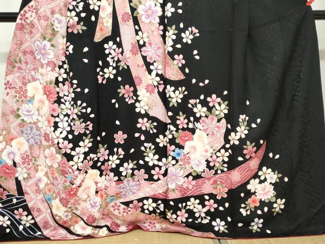 平和屋着物●訪問着　駒刺繍　熨斗草花文　黒地　金彩　正絹　逸品　DABC2376ud