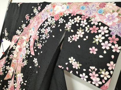 平和屋着物●訪問着　駒刺繍　熨斗草花文　黒地　金彩　正絹　逸品　DABC2376ud