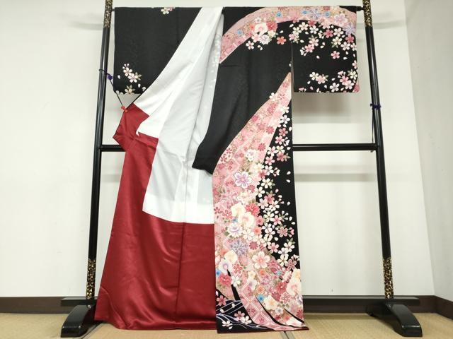 平和屋着物●訪問着　駒刺繍　熨斗草花文　黒地　金彩　正絹　逸品　DABC2376ud