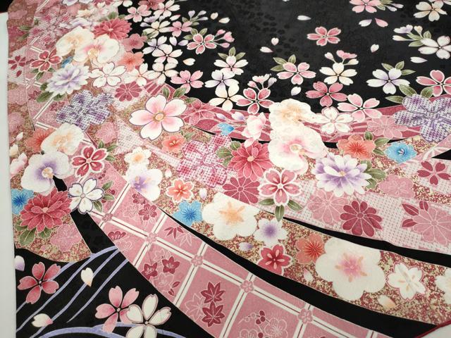 平和屋着物●訪問着　駒刺繍　熨斗草花文　黒地　金彩　正絹　逸品　DABC2376ud