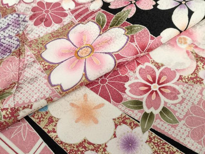 平和屋着物●訪問着　駒刺繍　熨斗草花文　黒地　金彩　正絹　逸品　DABC2376ud