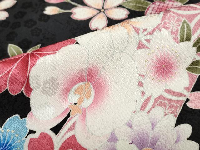 平和屋着物●訪問着　駒刺繍　熨斗草花文　黒地　金彩　正絹　逸品　DABC2376ud