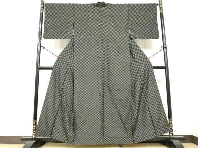 平和屋着物●上質なお召　市松文様　背抜き仕立て　正絹　逸品　DABC2389ud