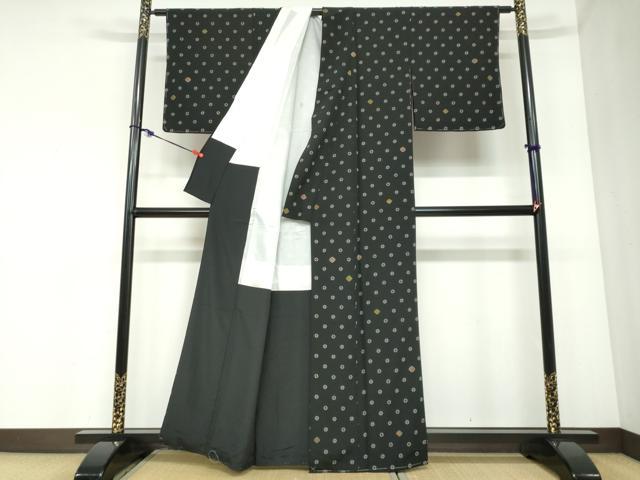 平和屋着物●小紋　七宝文　黒地　金彩　洗える着物　未使用　DABC2392ud