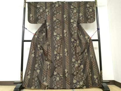 平和屋着物●上質な紬　更紗花唐草間道　正絹　逸品　DABC2394ud