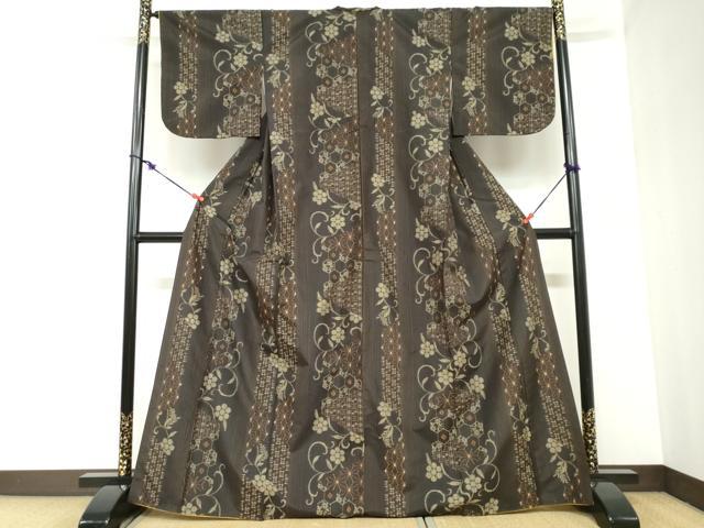 平和屋着物●上質な紬　更紗花唐草間道　正絹　逸品　DABC2394ud