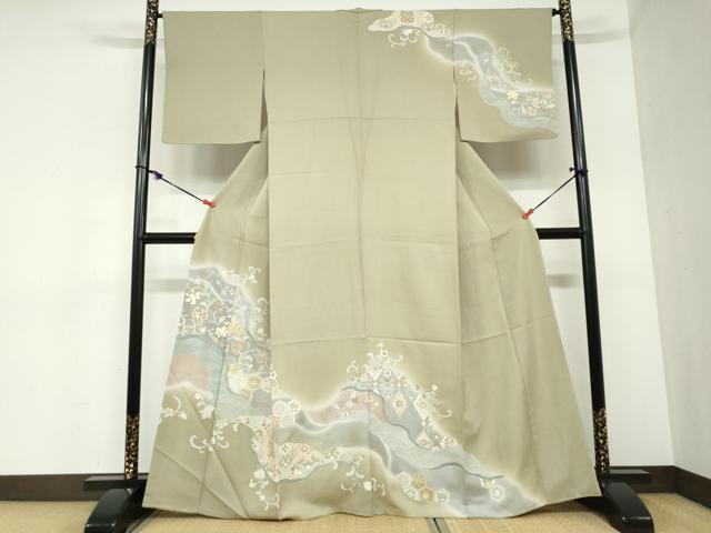平和屋着物●訪問着　駒刺繍　流水草花文　暈し染め　金彩　高島屋扱い　正絹　逸品　DABC2401ud