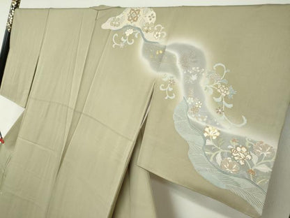 平和屋着物●訪問着　駒刺繍　流水草花文　暈し染め　金彩　高島屋扱い　正絹　逸品　DABC2401ud