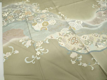 平和屋着物●訪問着　駒刺繍　流水草花文　暈し染め　金彩　高島屋扱い　正絹　逸品　DABC2401ud
