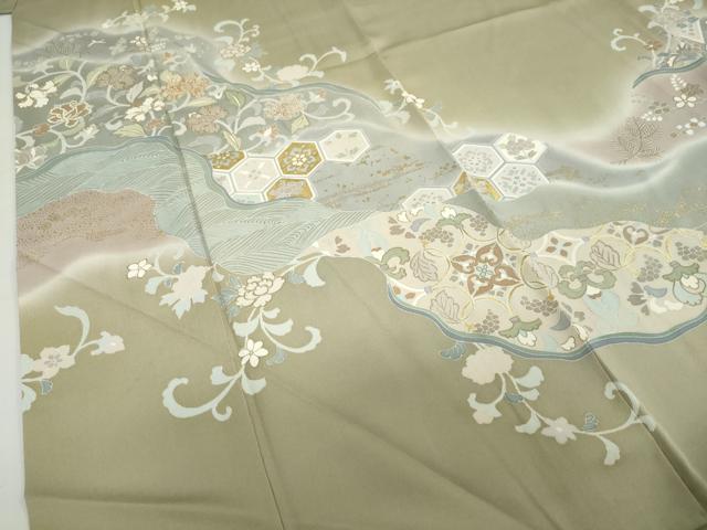 平和屋着物●訪問着　駒刺繍　流水草花文　暈し染め　金彩　高島屋扱い　正絹　逸品　DABC2401ud