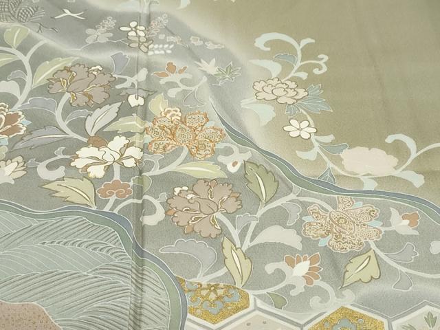 平和屋着物●訪問着　駒刺繍　流水草花文　暈し染め　金彩　高島屋扱い　正絹　逸品　DABC2401ud