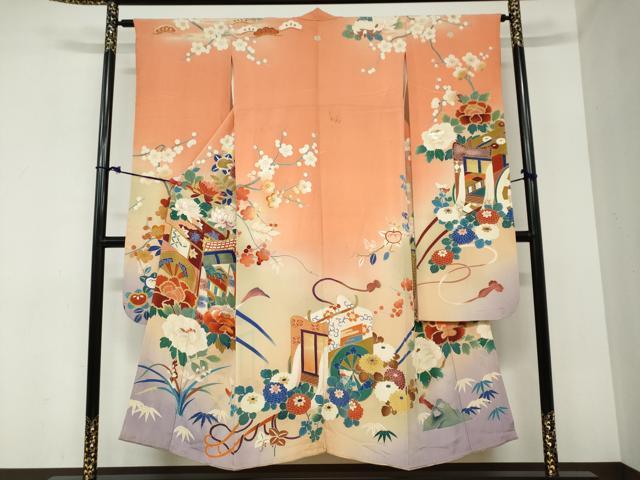 平和屋本店●アンティーク　大正ロマン　振袖　刺繍　御所車草花文　暈し染め　金糸　逸品　DABC2403ud