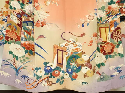 平和屋本店●アンティーク　大正ロマン　振袖　刺繍　御所車草花文　暈し染め　金糸　逸品　DABC2403ud