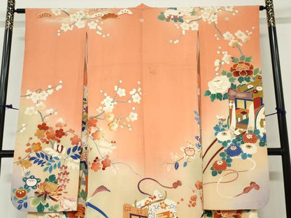 平和屋本店●アンティーク　大正ロマン　振袖　刺繍　御所車草花文　暈し染め　金糸　逸品　DABC2403ud