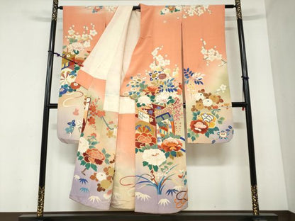 平和屋本店●アンティーク　大正ロマン　振袖　刺繍　御所車草花文　暈し染め　金糸　逸品　DABC2403ud