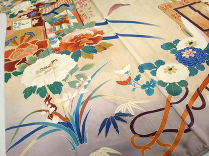 平和屋本店●アンティーク　大正ロマン　振袖　刺繍　御所車草花文　暈し染め　金糸　逸品　DABC2403ud