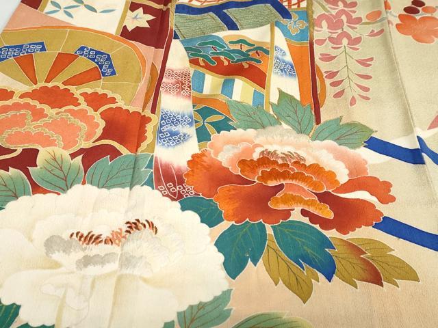 平和屋本店●アンティーク　大正ロマン　振袖　刺繍　御所車草花文　暈し染め　金糸　逸品　DABC2403ud