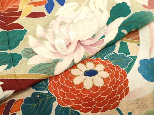 平和屋本店●アンティーク　大正ロマン　振袖　刺繍　御所車草花文　暈し染め　金糸　逸品　DABC2403ud