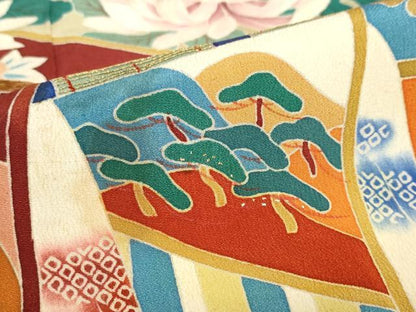 平和屋本店●アンティーク　大正ロマン　振袖　刺繍　御所車草花文　暈し染め　金糸　逸品　DABC2403ud