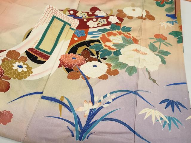平和屋本店●アンティーク　大正ロマン　振袖　刺繍　御所車草花文　暈し染め　金糸　逸品　DABC2403ud