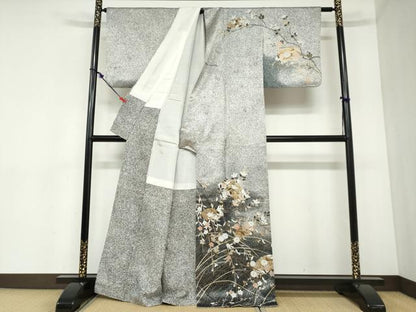 平和屋着物●訪問着　地紙草花文　たたき染め　金彩　正絹　逸品　DABC2406ud