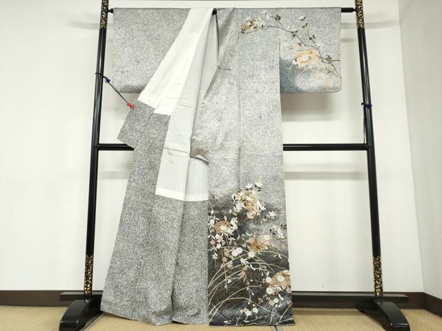 平和屋着物●訪問着　地紙草花文　たたき染め　金彩　正絹　逸品　DABC2406ud