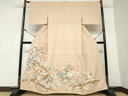 平和屋着物●染刺工芸　大羊居　東京友禅　色留袖　駒刺繍　流水風景草花文　暈し染め　金糸　正絹　逸品　DABC2416ud