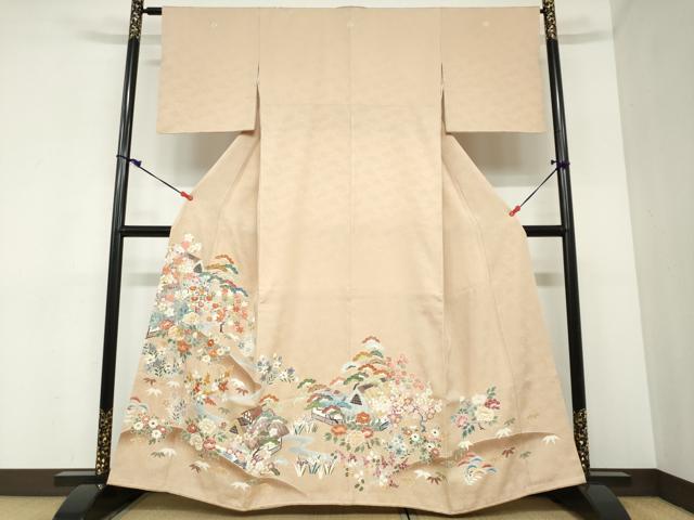 平和屋着物●染刺工芸　大羊居　東京友禅　色留袖　駒刺繍　流水風景草花文　暈し染め　金糸　正絹　逸品　DABC2416ud