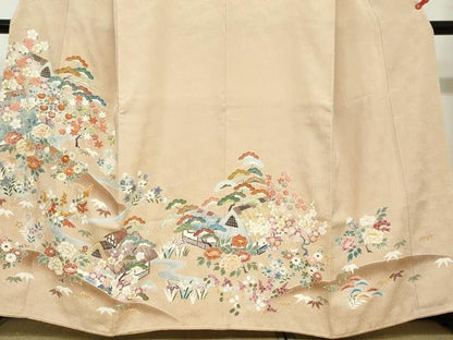 平和屋着物●染刺工芸　大羊居　東京友禅　色留袖　駒刺繍　流水風景草花文　暈し染め　金糸　正絹　逸品　DABC2416ud