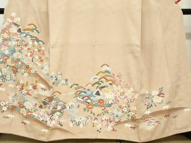 平和屋着物●染刺工芸　大羊居　東京友禅　色留袖　駒刺繍　流水風景草花文　暈し染め　金糸　正絹　逸品　DABC2416ud