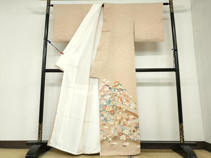 平和屋着物●染刺工芸　大羊居　東京友禅　色留袖　駒刺繍　流水風景草花文　暈し染め　金糸　正絹　逸品　DABC2416ud