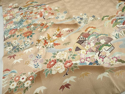 平和屋着物●染刺工芸　大羊居　東京友禅　色留袖　駒刺繍　流水風景草花文　暈し染め　金糸　正絹　逸品　DABC2416ud