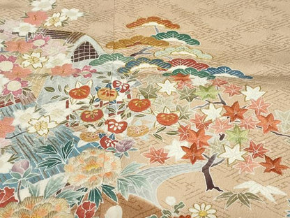 平和屋着物●染刺工芸　大羊居　東京友禅　色留袖　駒刺繍　流水風景草花文　暈し染め　金糸　正絹　逸品　DABC2416ud