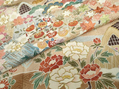 平和屋着物●染刺工芸　大羊居　東京友禅　色留袖　駒刺繍　流水風景草花文　暈し染め　金糸　正絹　逸品　DABC2416ud
