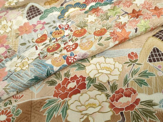 平和屋着物●染刺工芸　大羊居　東京友禅　色留袖　駒刺繍　流水風景草花文　暈し染め　金糸　正絹　逸品　DABC2416ud