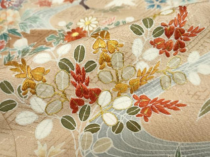 平和屋着物●染刺工芸　大羊居　東京友禅　色留袖　駒刺繍　流水風景草花文　暈し染め　金糸　正絹　逸品　DABC2416ud