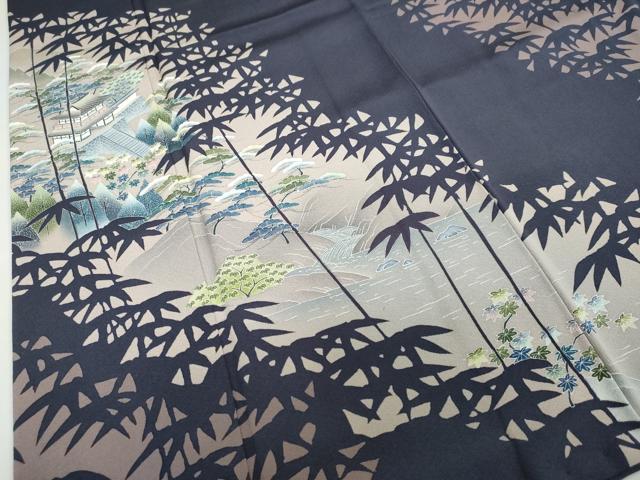 平和屋着物●名門・上野家　四代目 上野真(二代目 上野為二)　訪問着　流水風景文　シルエット　正絹　逸品　DABC2417ud
