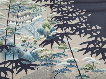 平和屋着物●名門・上野家　四代目 上野真(二代目 上野為二)　訪問着　流水風景文　シルエット　正絹　逸品　DABC2417ud