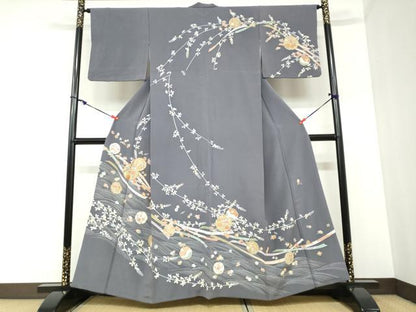 平和屋着物●訪問着　駒刺繍　流水雪輪草花文　金彩　松坂屋扱い　正絹　逸品　DABC2418ud