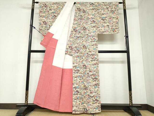 平和屋着物●上質な小紋　型染め　流水草花文　正絹　逸品　未使用　DABC2420ud