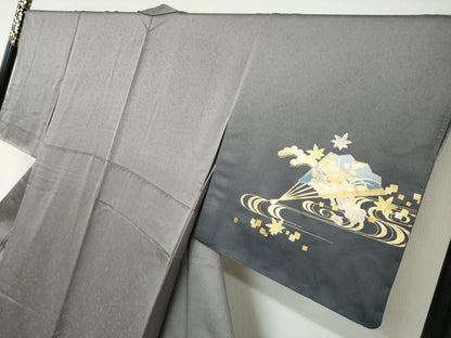 平和屋着物●金彩友禅　卓越技能者・名工・和田光正　訪問着　流水扇面草花文　金彩　正絹　逸品　DABC2423ud