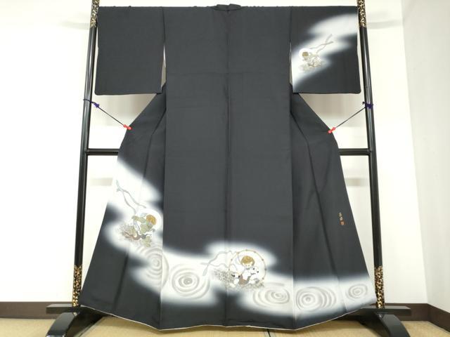 平和屋着物●訪問着　作家物　紬地　風神雷神　暈し染め　黒地　金彩　正絹　逸品　DABC2425ud