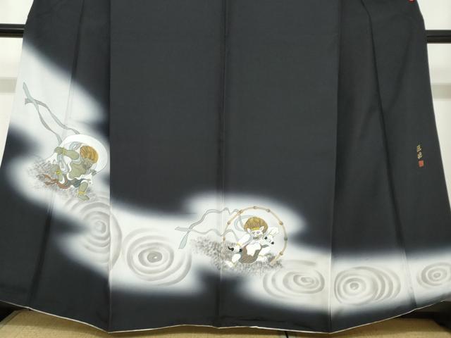 平和屋着物●訪問着　作家物　紬地　風神雷神　暈し染め　黒地　金彩　正絹　逸品　DABC2425ud