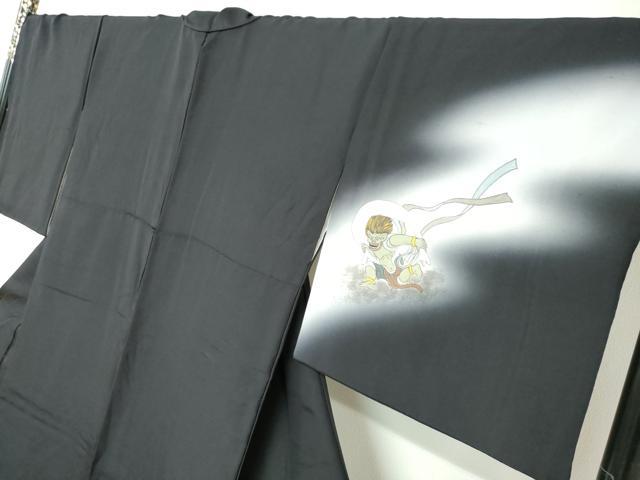平和屋着物●訪問着　作家物　紬地　風神雷神　暈し染め　黒地　金彩　正絹　逸品　DABC2425ud