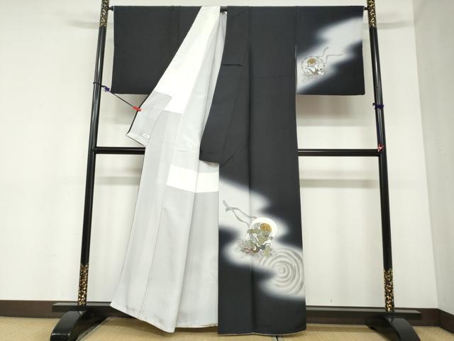 平和屋着物●訪問着　作家物　紬地　風神雷神　暈し染め　黒地　金彩　正絹　逸品　DABC2425ud