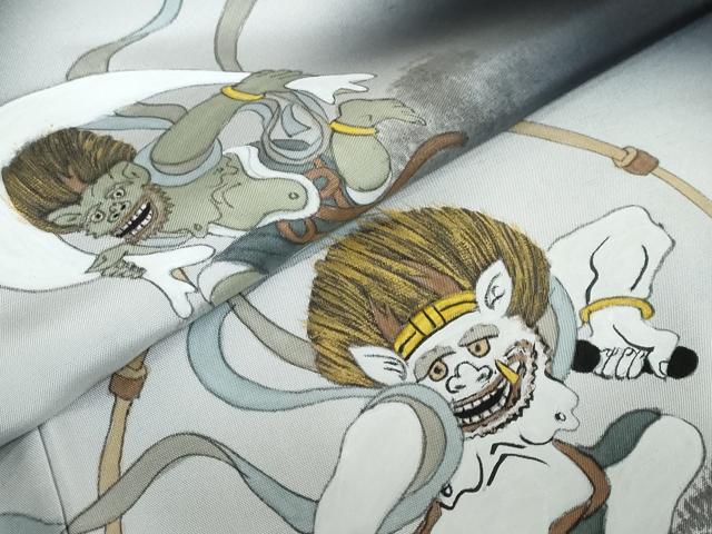 平和屋着物●訪問着　作家物　紬地　風神雷神　暈し染め　黒地　金彩　正絹　逸品　DABC2425ud