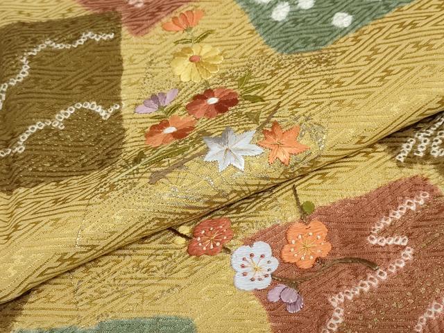 平和屋着物●訪問着　絞り　刺繍　色紙重ね草花文　金彩　正絹　逸品　DABC2426ud